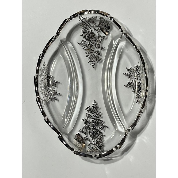 Beautiful Glass Dish with silver trim and floral print. Candy Dish. Serving Dish - Picture 1 of 5